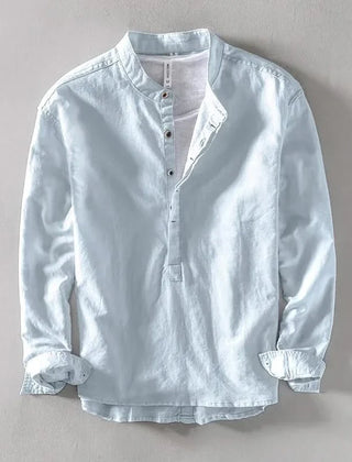 Light blue linen mandarin shirt with short button placket and long sleeves