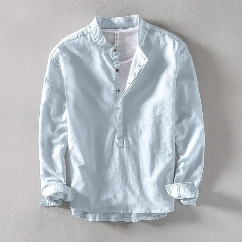 Light blue linen mandarin shirt with short button placket and long sleeves