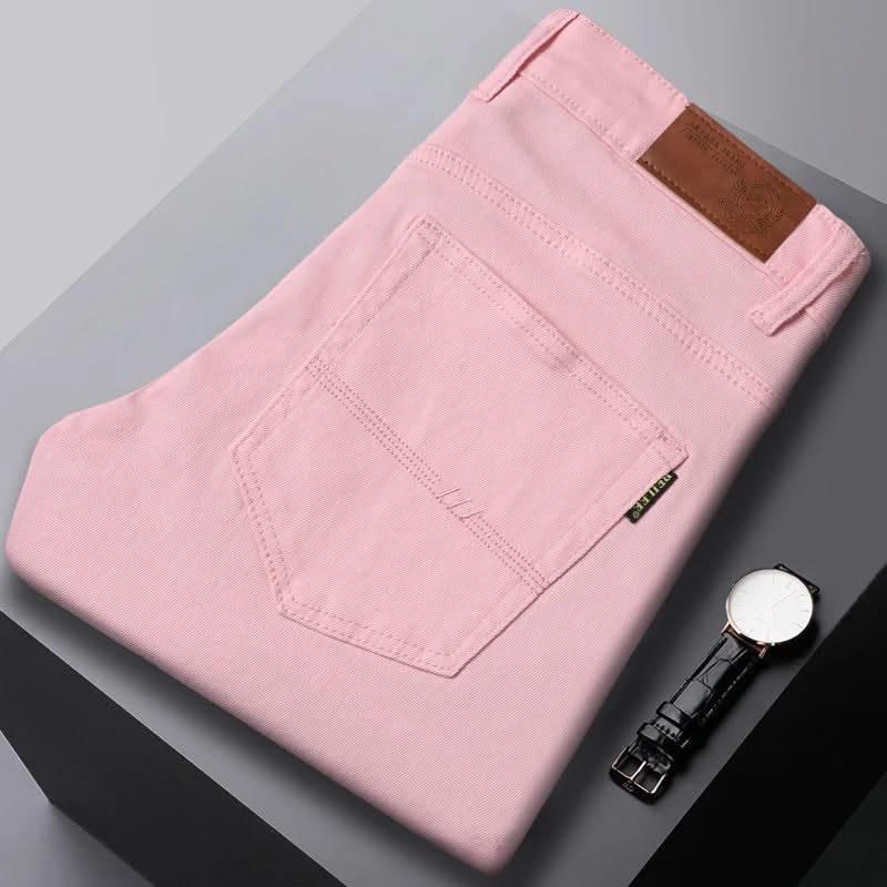 Pink denim jeans with front pocket and leather waistband patch