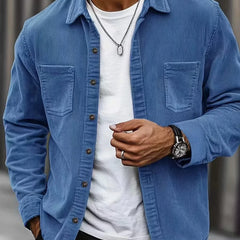 HARRIS corduroy button-up shirt, mid blue, long sleeves, two chest pockets