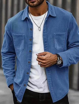 HARRIS corduroy button-up shirt, mid blue, long sleeves, two chest pockets