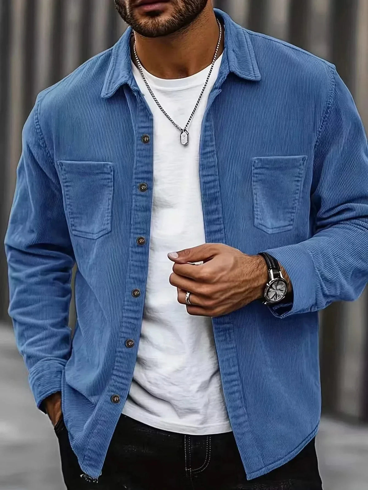HARRIS corduroy button-up shirt, mid blue, long sleeves, two chest pockets