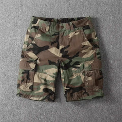 Camo cargo shorts with button fly and multiple cargo pockets