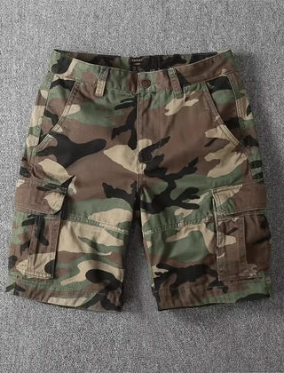 Camo cargo shorts with button fly and multiple cargo pockets
