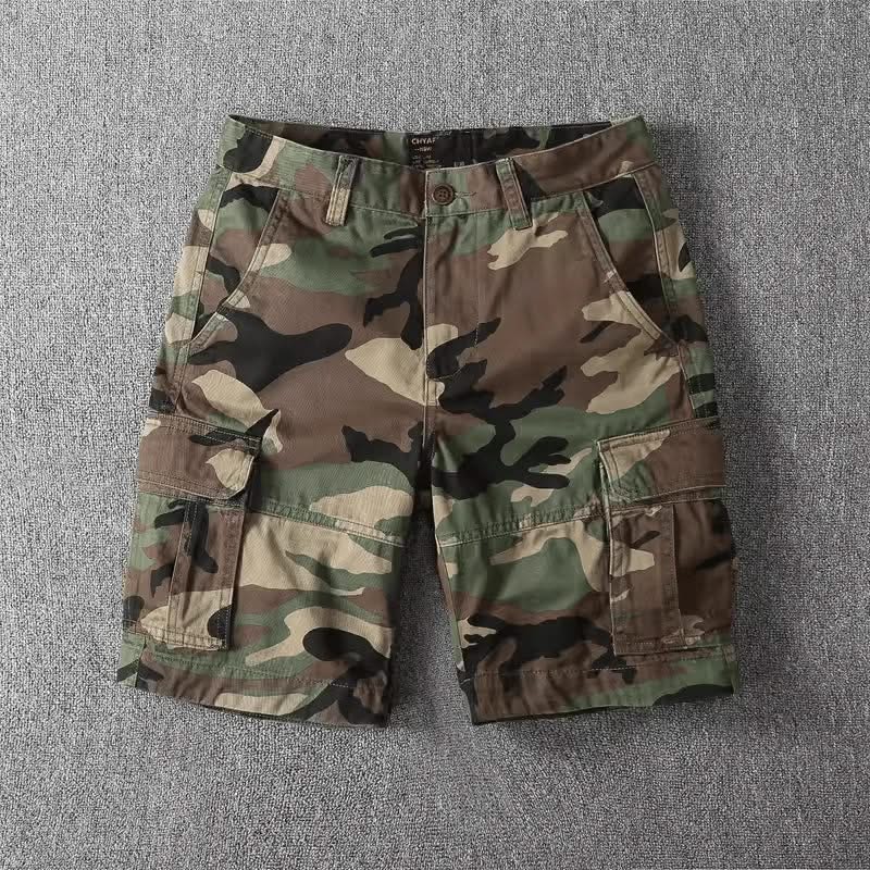 Camo cargo shorts with button fly and multiple cargo pockets