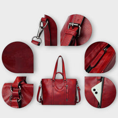Red leather handbag with zipper hardware and strap detail close-ups