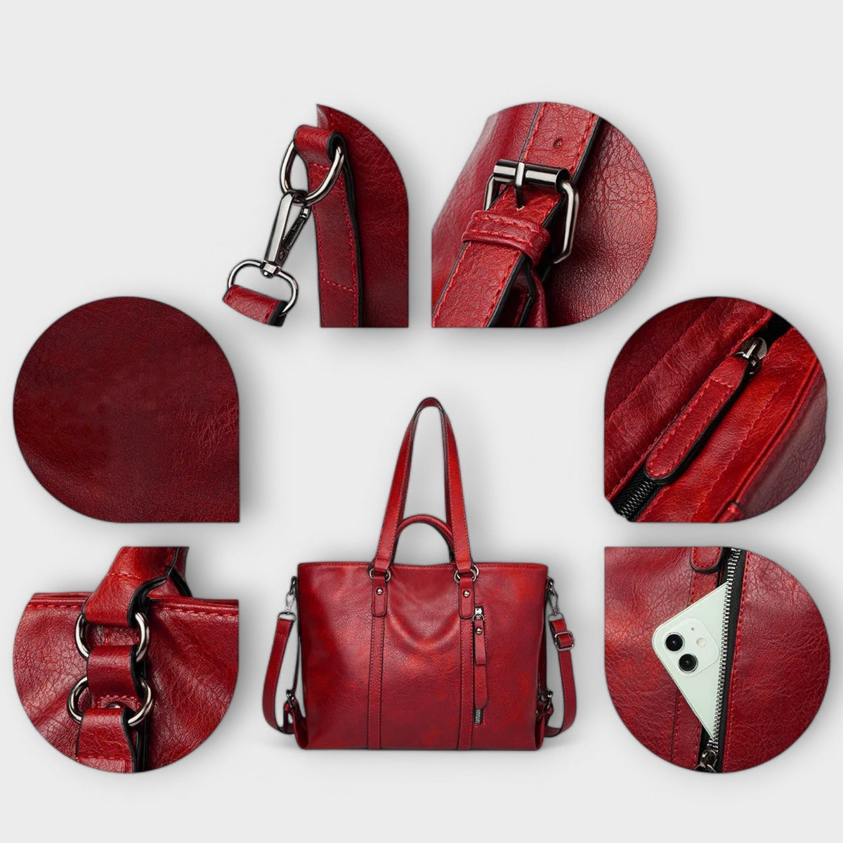 Red leather handbag with zipper hardware and strap detail close-ups