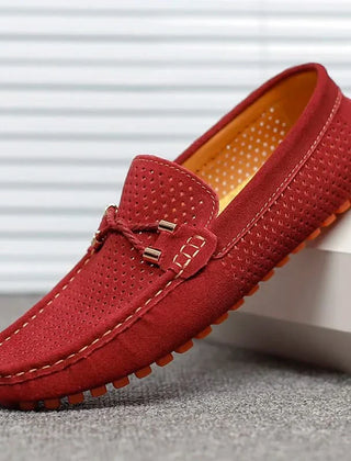 GIANNI perforated leather loafers in red, slip-on with strap and metal bar