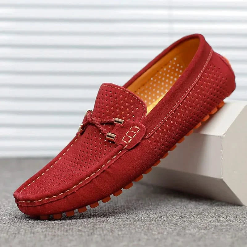 GIANNI perforated leather loafers in red, slip-on with strap and metal bar