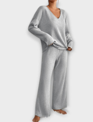 Grey ribbed knit two-piece set, V-neck long-sleeve top and wide-leg pants