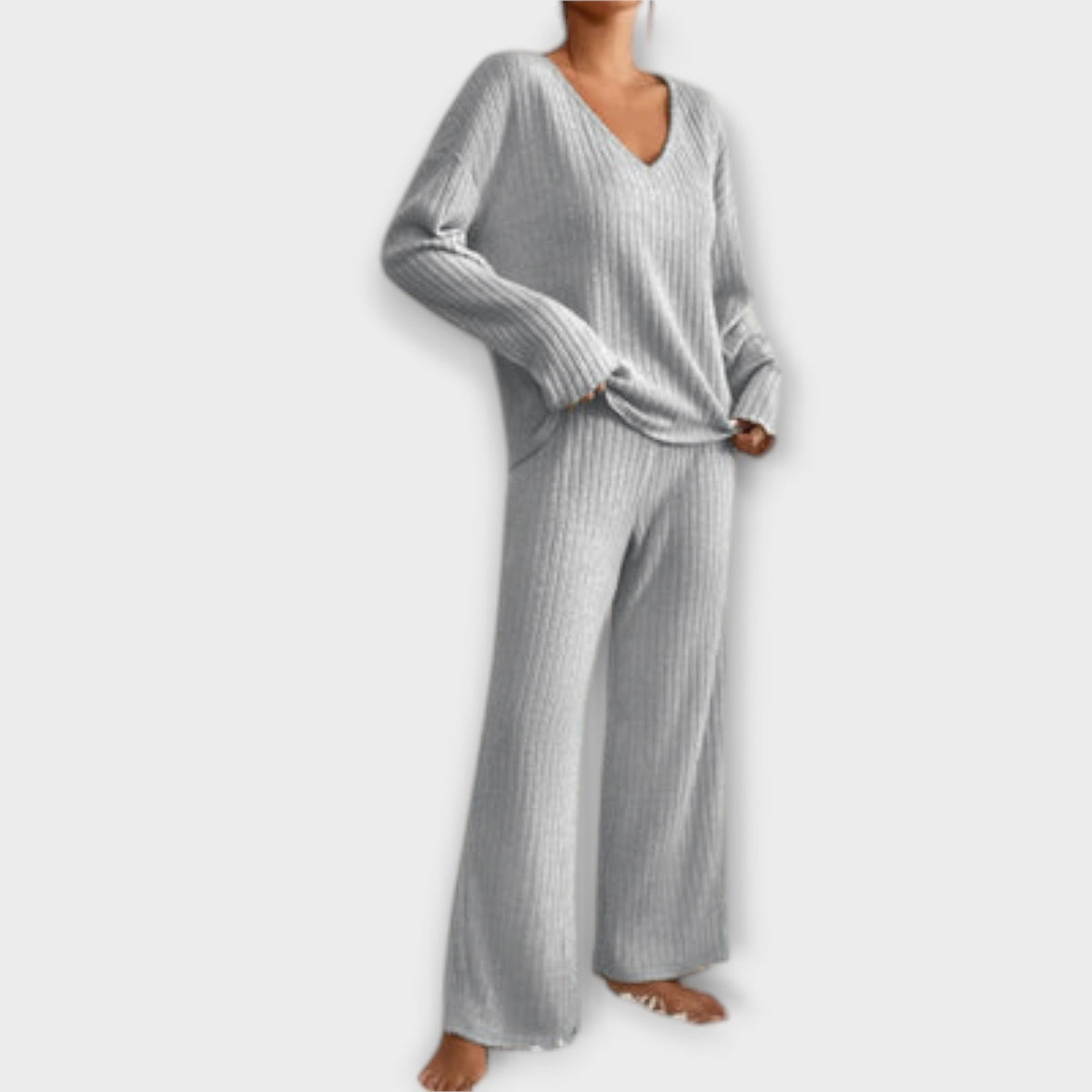 Grey ribbed knit two-piece set, V-neck long-sleeve top and wide-leg pants
