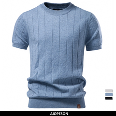 HARWICK premium tee, blue crew-neck with vertical stripes and ribbed cuffs and hem
