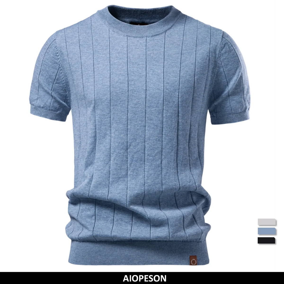 HARWICK premium tee, blue crew-neck with vertical stripes and ribbed cuffs and hem
