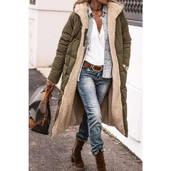 Army green long puffer winter coat with beige sherpa lining and open front