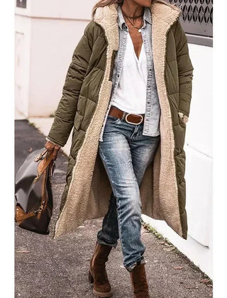 Army green long puffer winter coat with beige sherpa lining and open front