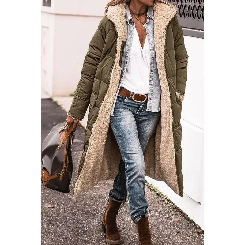 Army green long puffer winter coat with beige sherpa lining and open front