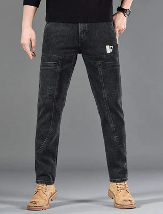 Black utility jeans with patch pockets and straight leg fit