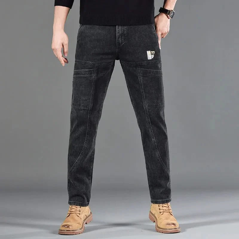 Black utility jeans with patch pockets and straight leg fit