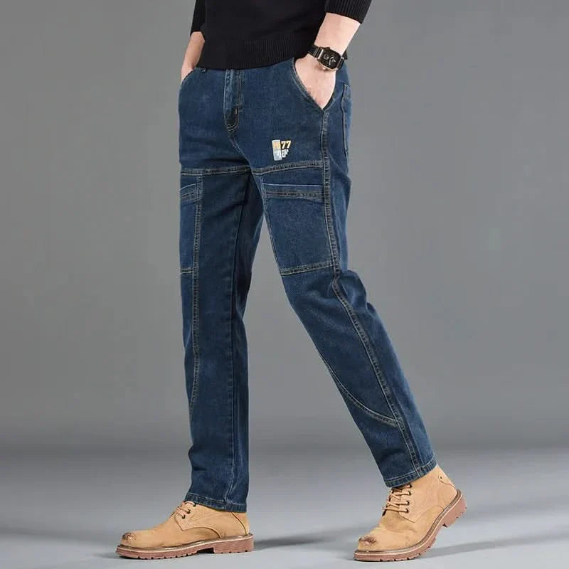 Blue utility jeans with cargo patch pockets and tapered straight legs