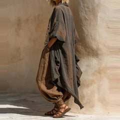 Linen-blend matching set with dark printed tunic and tan harem pants