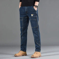Blue utility jeans with patch pockets and straight relaxed legs