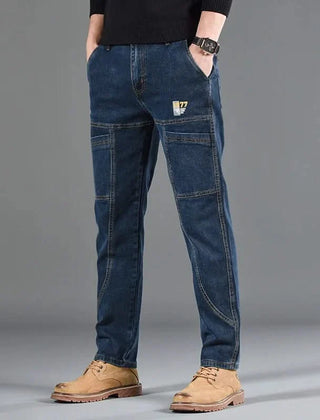 Blue utility jeans with patch pockets and straight relaxed legs