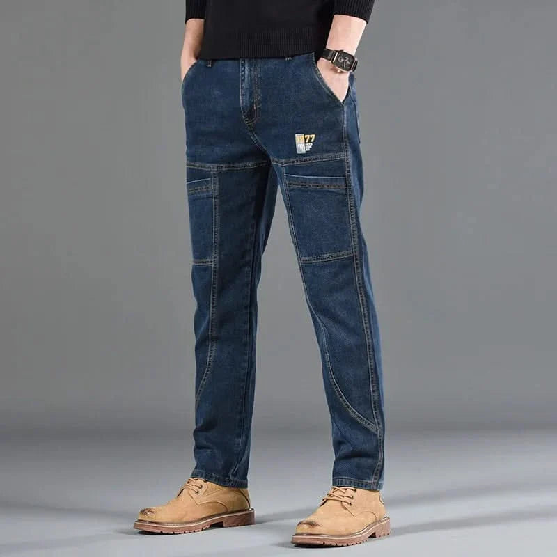 Blue utility jeans with patch pockets and straight relaxed legs