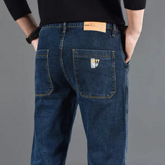 Blue utility jeans with multiple patch pockets and a branded back waist label