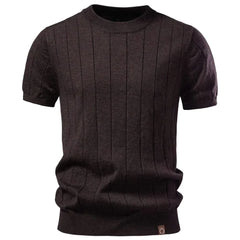 HARWICK premium tee, dark brown crew-neck with vertical stripe texture and ribbed hem