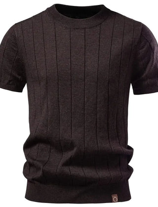 HARWICK premium tee, dark brown crew-neck with vertical stripe texture and ribbed hem