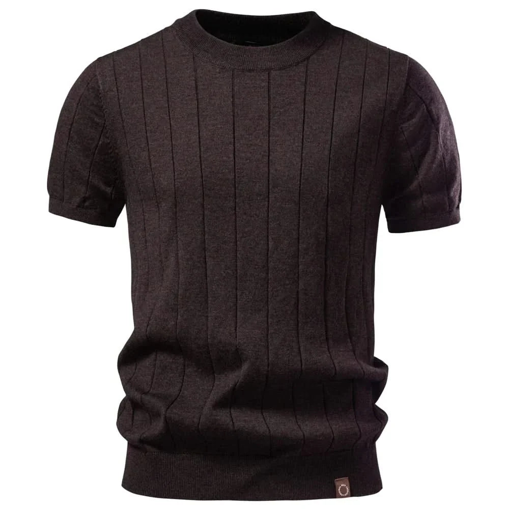 HARWICK premium tee, dark brown crew-neck with vertical stripe texture and ribbed hem
