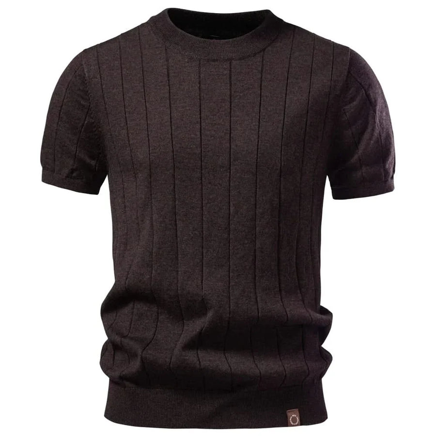 HARWICK premium tee, dark brown crew-neck with vertical stripe texture and ribbed hem