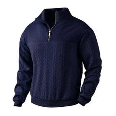 Navy quarter-zip sweatshirt with cable knit center panel and ribbed cuffs and hem