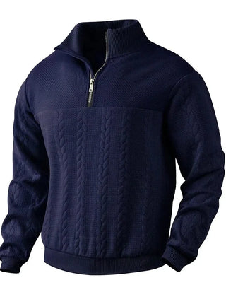 Navy quarter-zip sweatshirt with cable knit center panel and ribbed cuffs and hem