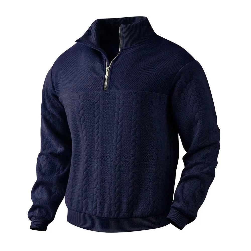 Navy quarter-zip sweatshirt with cable knit center panel and ribbed cuffs and hem