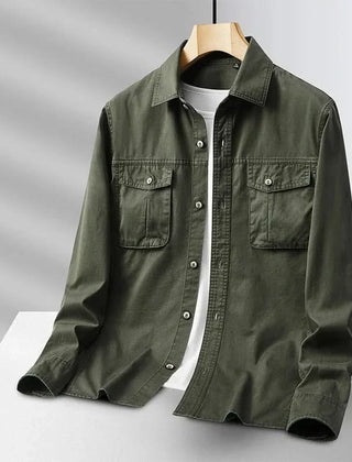 Green canvas overshirt with button front and two chest pockets