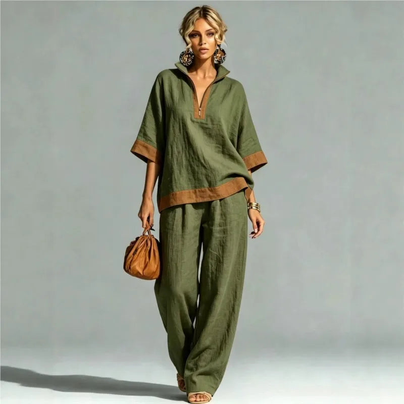 Women's linen-look co-ord set in army green: V-neck tunic top and wide-leg pants