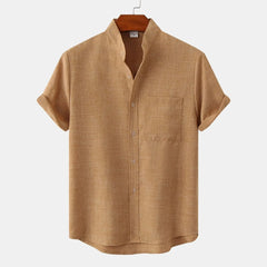 Short-sleeve button-up shirt in tan brown with button front and chest pocket