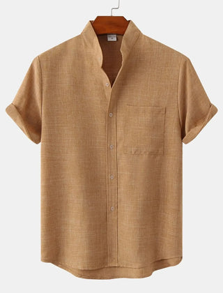Short-sleeve button-up shirt in tan brown with button front and chest pocket