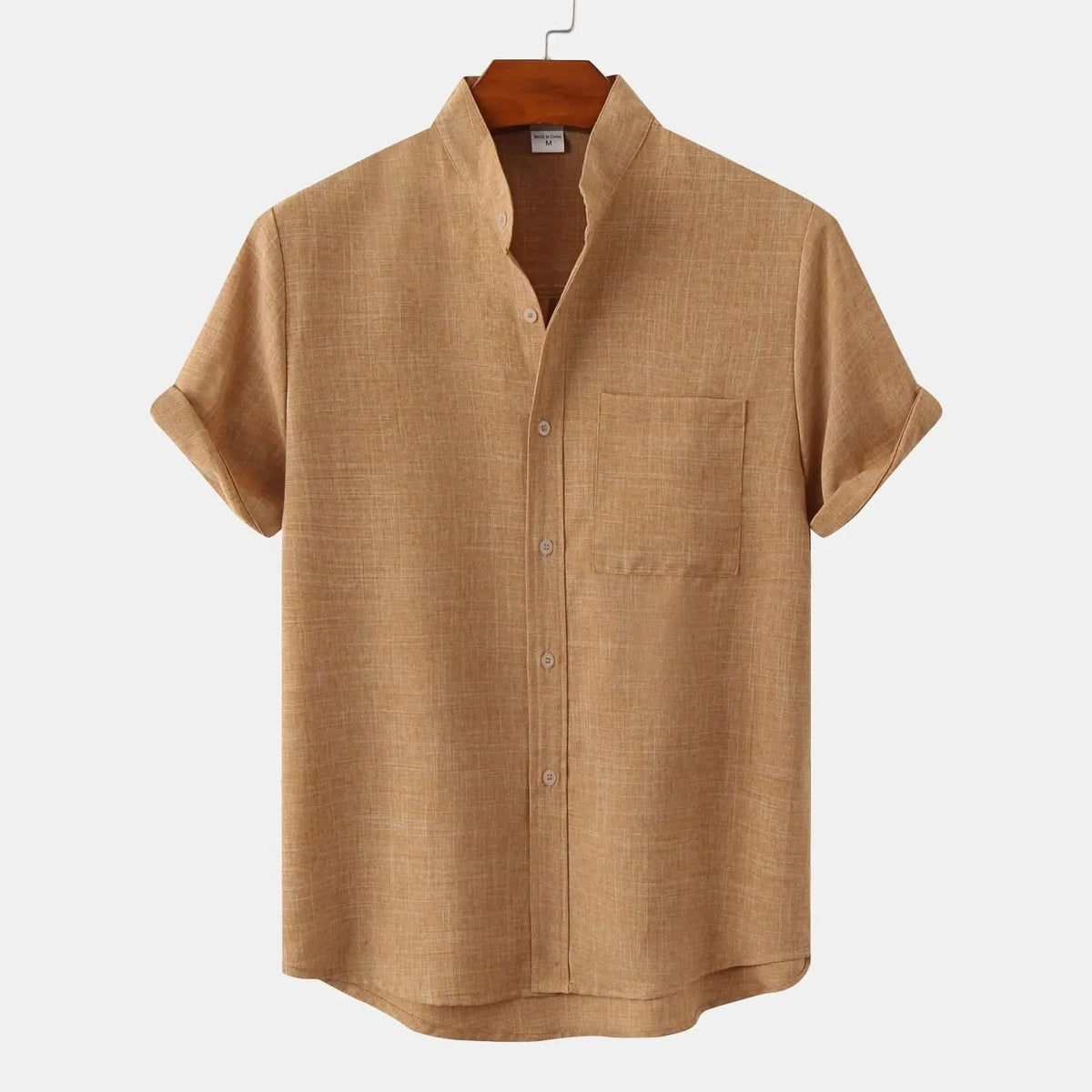 Short-sleeve button-up shirt in tan brown with button front and chest pocket