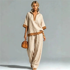 Women's linen-look co-ord set in beige: V-neck tunic top and wide-leg pants