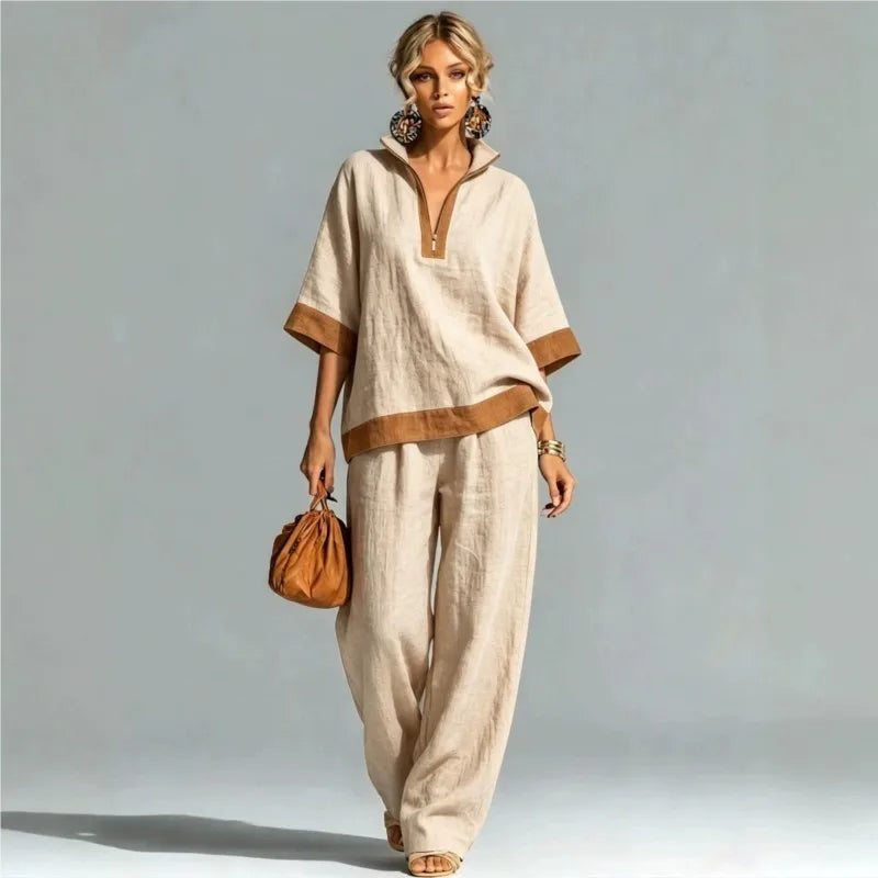 Women's linen-look co-ord set in beige: V-neck tunic top and wide-leg pants