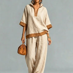 Women’s linen-look co-ord set, beige V-neck top and wide-leg pants