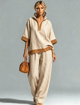 Women’s linen-look co-ord set, beige V-neck top and wide-leg pants