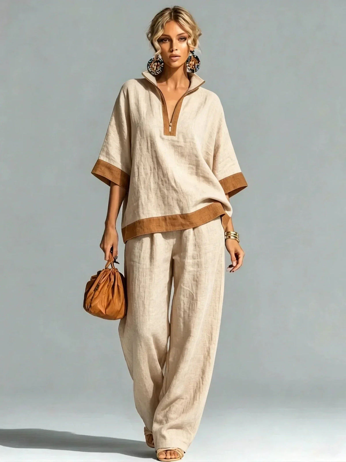 Women’s linen-look co-ord set, beige V-neck top and wide-leg pants