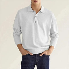 White wool polo shirt with long sleeves and button placket
