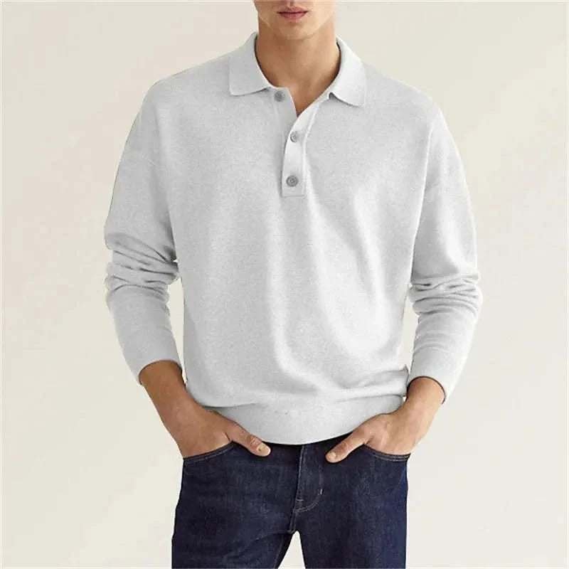 White wool polo shirt with long sleeves and button placket