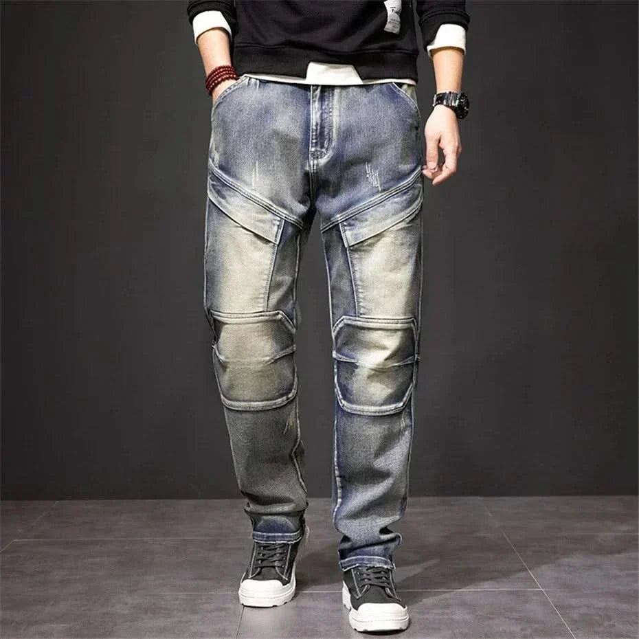 Men's straight jeans, light blue wash with stitched knee panels and cargo-style pockets