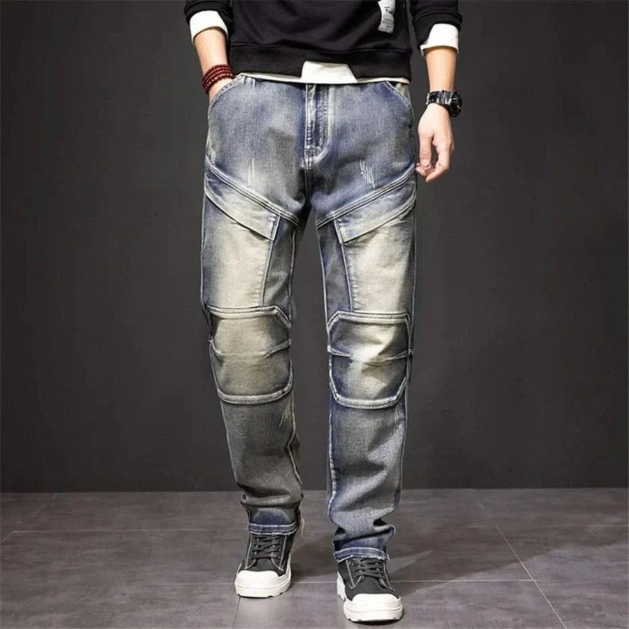 Men's straight jeans, light blue wash with stitched knee panels and cargo-style pockets