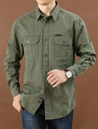 Green utility adventure shirt with button-front, two chest pockets, and long sleeves
